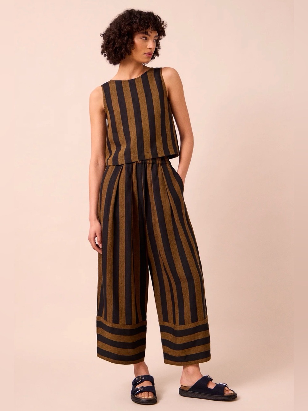 NWT Beyond Nine Bobbi Rust Black Stripe Linen Trousers Pants Small